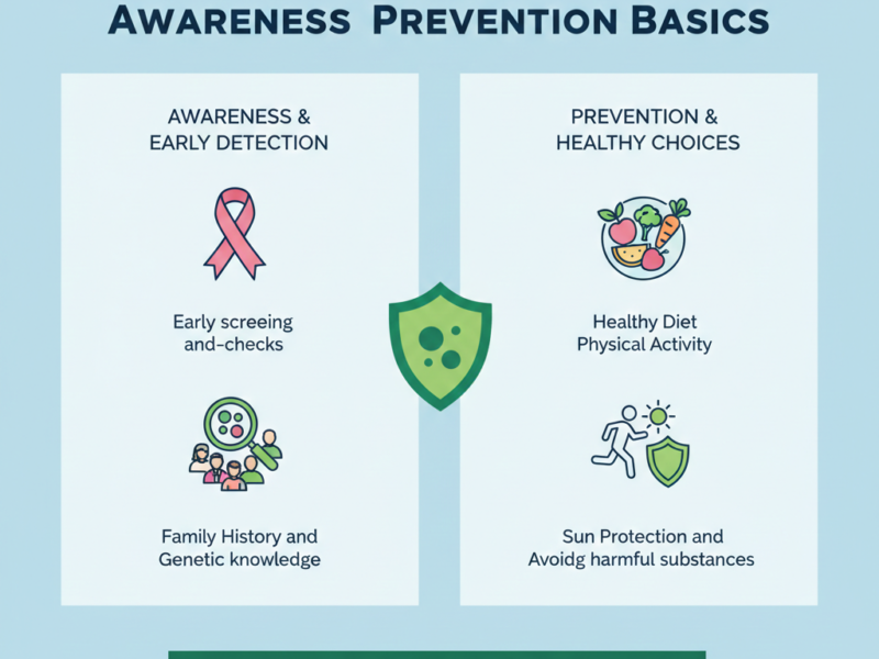 An informative split-screen graphic detailing early detection methods like screenings and genetic knowledge alongside prevention choices like healthy diet and sun protection.