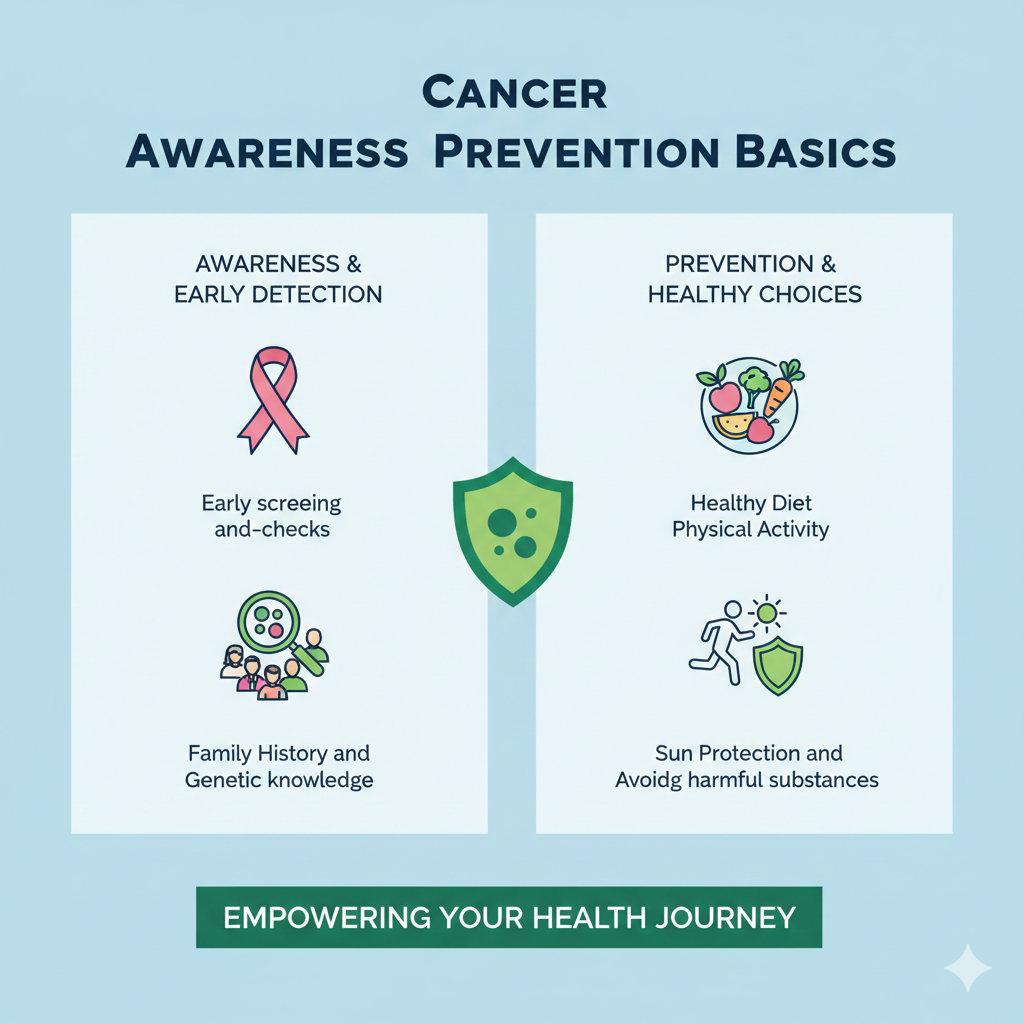 An informative split-screen graphic detailing early detection methods like screenings and genetic knowledge alongside prevention choices like healthy diet and sun protection.