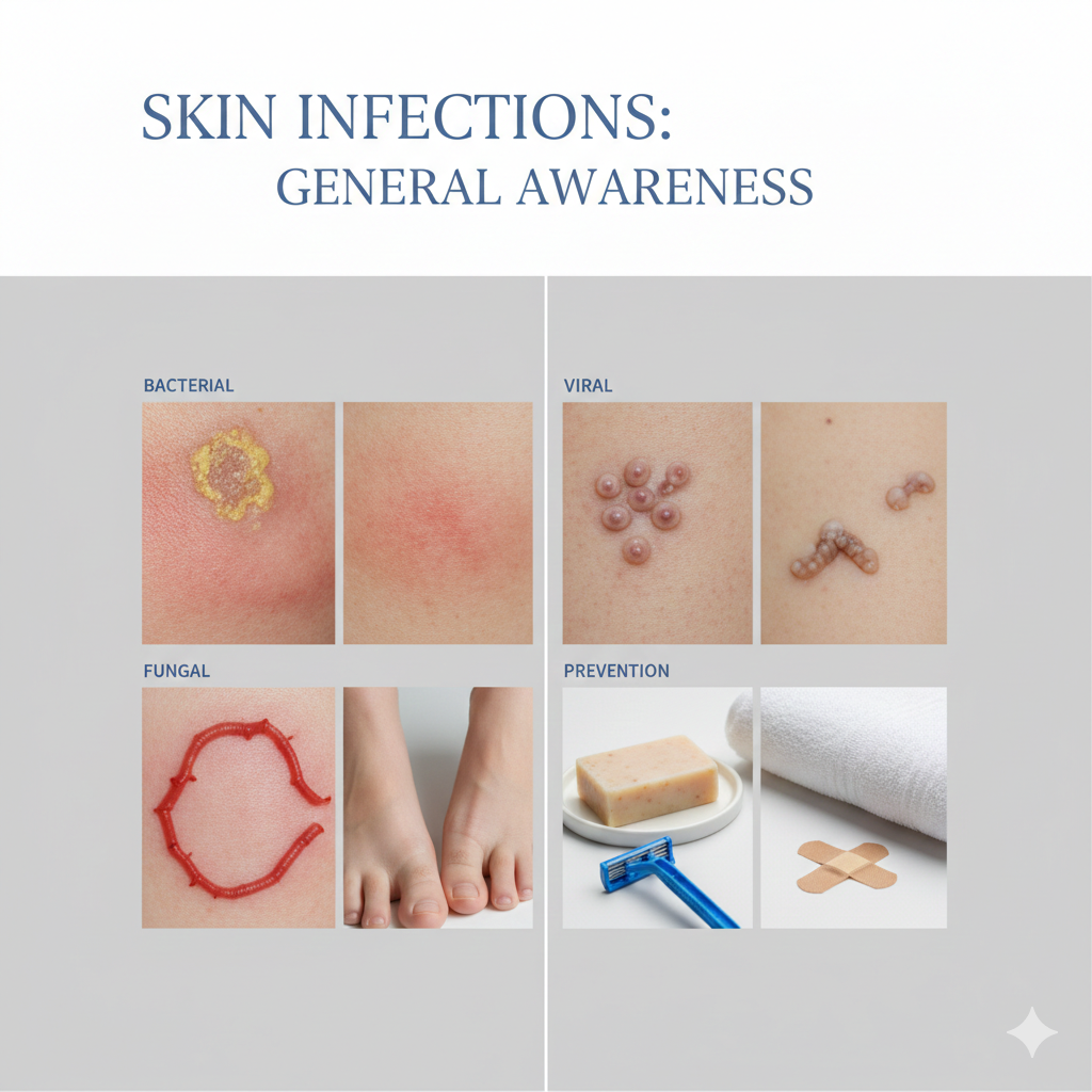 A medical educational collage showing visual examples of bacterial, viral, and fungal skin infections alongside hygiene and prevention items like soap and bandages.