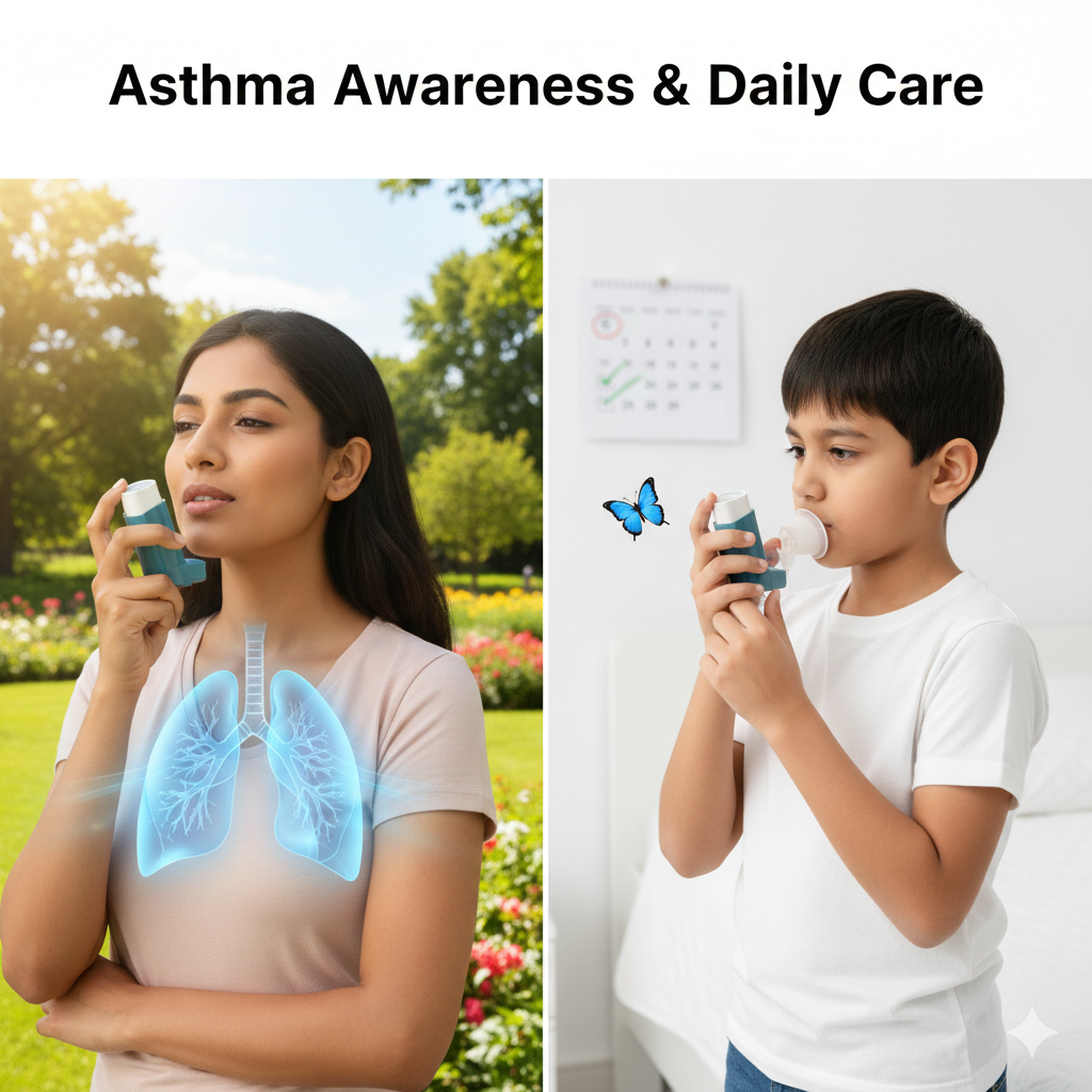 A split-screen image showing a woman outdoors and a young boy indoors, both using asthma inhalers as part of their daily respiratory care routine.