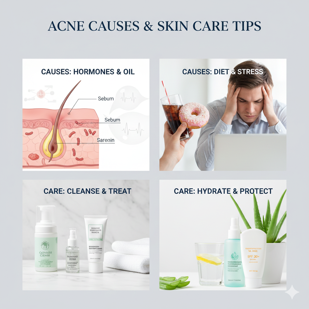 A comprehensive medical infographic collage illustrating hormonal and stress-related causes of acne alongside essential skincare solutions like cleansers and SPF protection.
