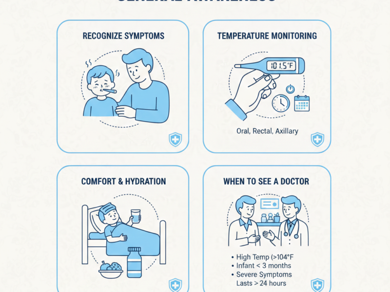 A classic-style infographic on a light textured background illustrating fever management steps: symptom recognition, temperature monitoring, hydration, and medical consultation.