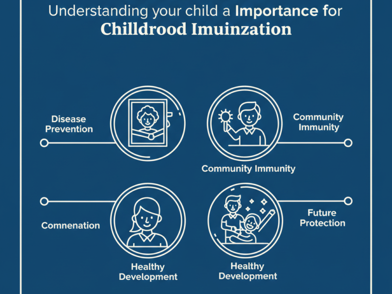 A professional navy blue infographic with white line icons illustrating the benefits of childhood immunization, including disease prevention and community immunity.