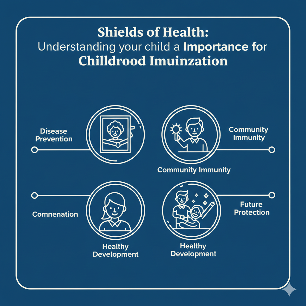 A professional navy blue infographic with white line icons illustrating the benefits of childhood immunization, including disease prevention and community immunity.