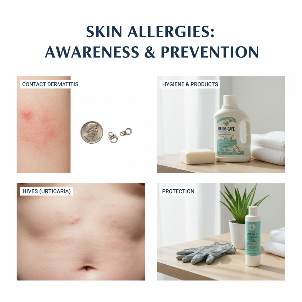 A medical infographic collage displaying visual signs of contact dermatitis and hives (urticaria) alongside hypoallergenic products, protective gloves, and soothing aloe vera.