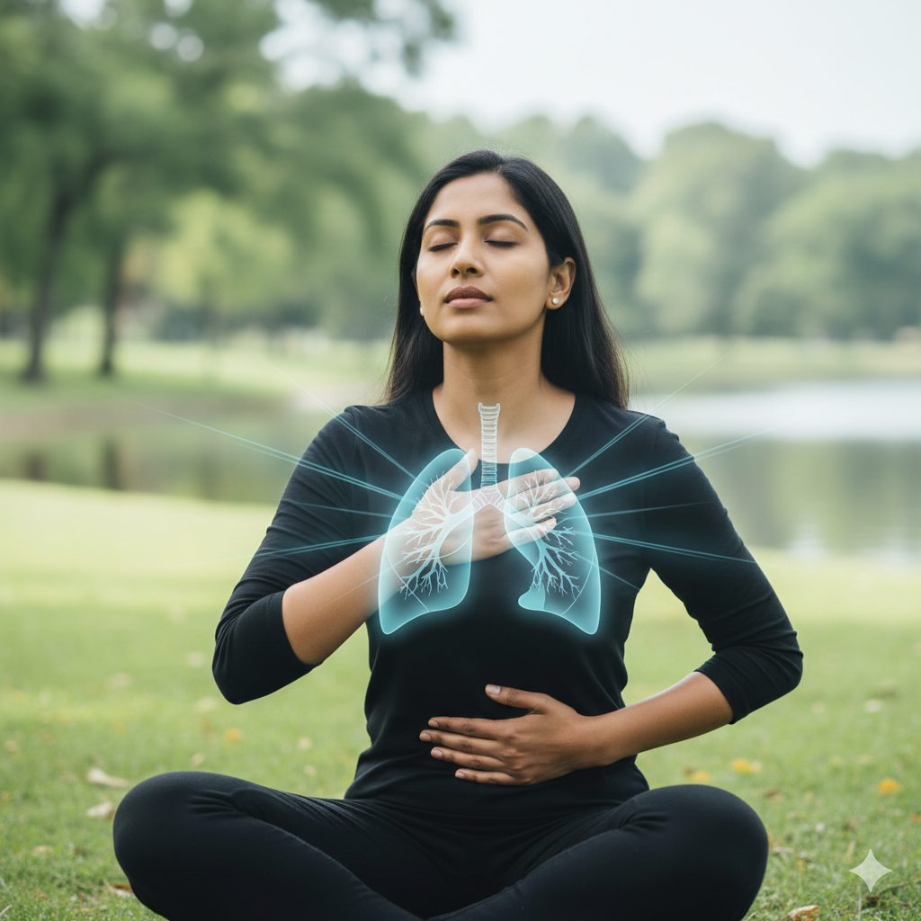 A woman sitting in a peaceful park practicing deep breathing exercises with a glowing lung overlay symbolizing improved respiratory capacity.
