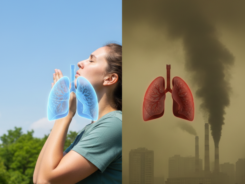 A split-screen comparison showing a person breathing fresh air in nature versus a city with heavy industrial smog and red, inflamed lungs.