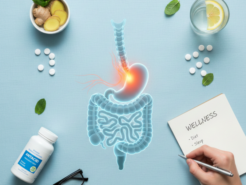 A professional medical illustration of the human digestive system showing acid reflux in the stomach, surrounded by natural remedies like ginger, antacids, and a wellness checklist.