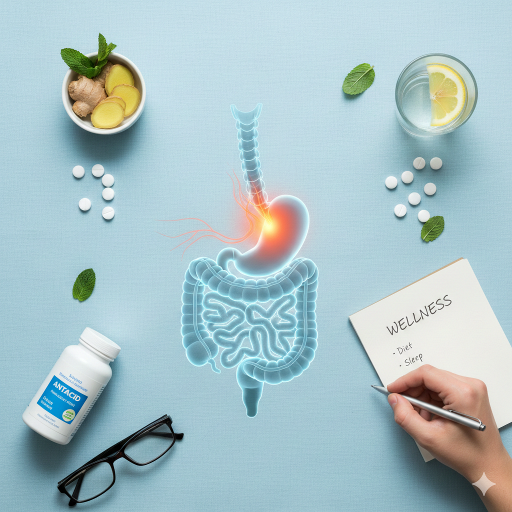 A professional medical illustration of the human digestive system showing acid reflux in the stomach, surrounded by natural remedies like ginger, antacids, and a wellness checklist.