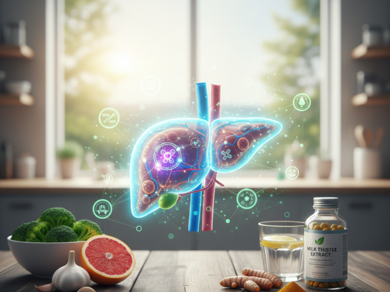 A glowing, holographic digital illustration of a human liver floating above a wooden table surrounded by healthy foods like broccoli, grapefruit, and turmeric.