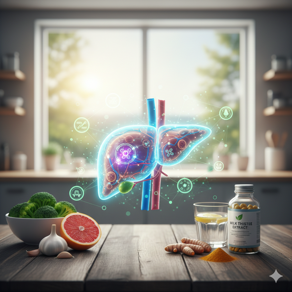 A glowing, holographic digital illustration of a human liver floating above a wooden table surrounded by healthy foods like broccoli, grapefruit, and turmeric.
