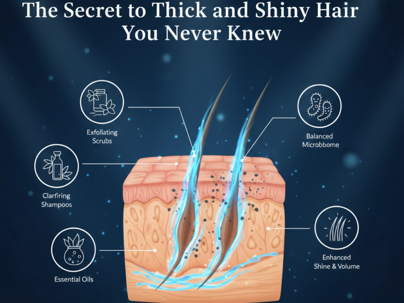 A clinical infographic on a navy blue background showing a cross-section of skin and hair follicles being cleansed by blue water waves, with icons for exfoliating scrubs and essential oils.