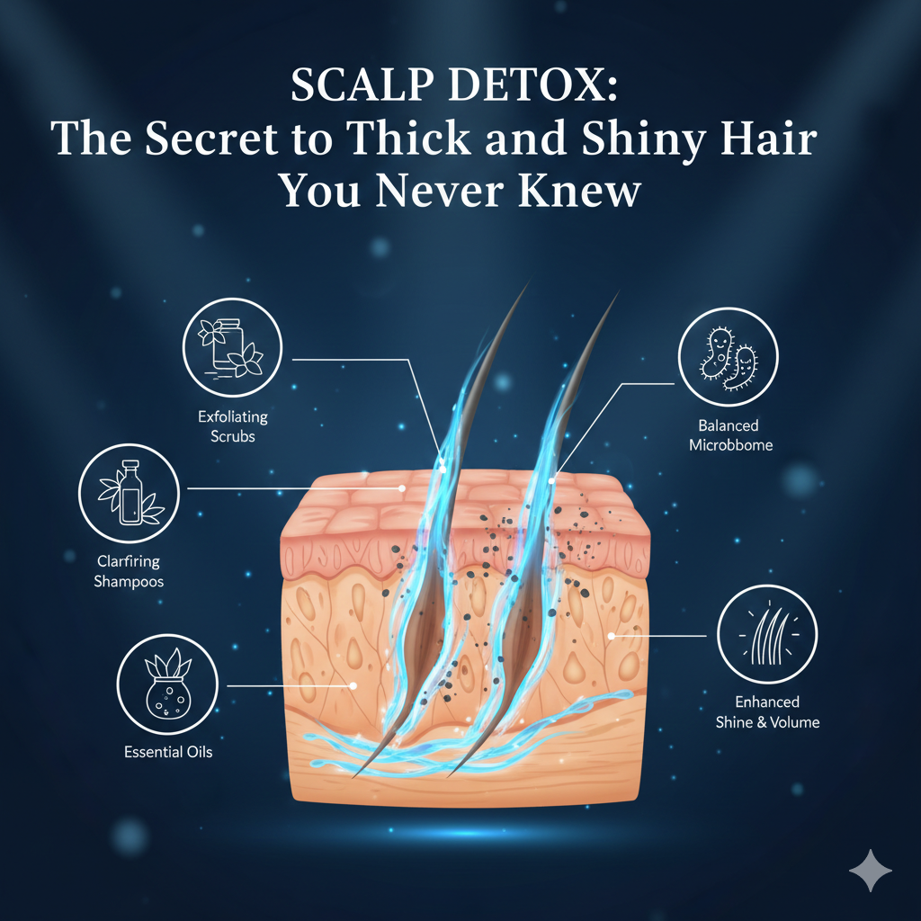 A clinical infographic on a navy blue background showing a cross-section of skin and hair follicles being cleansed by blue water waves, with icons for exfoliating scrubs and essential oils.