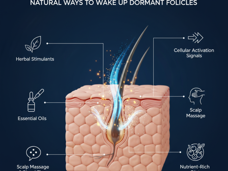 A clinical medical infographic on a navy blue background featuring a 3D cross-section of skin showing a hair follicle being activated by glowing energy, surrounded by icons for herbal stimulants and scalp massage.