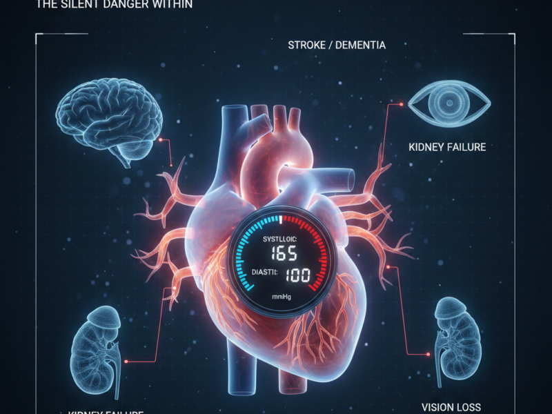 A high-tech medical infographic showing a glowing 3D heart and the organs affected by high blood pressure.