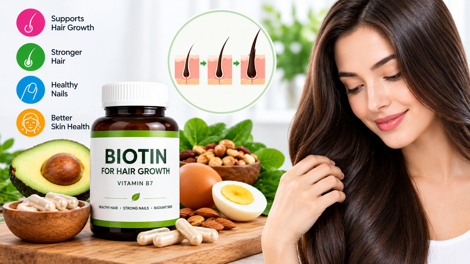 Biotin-rich foods like eggs, nuts, and salmon for healthy hair growth