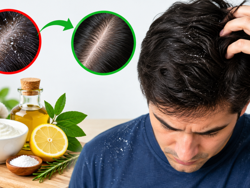 Person checking scalp for dandruff flakes in the mirror