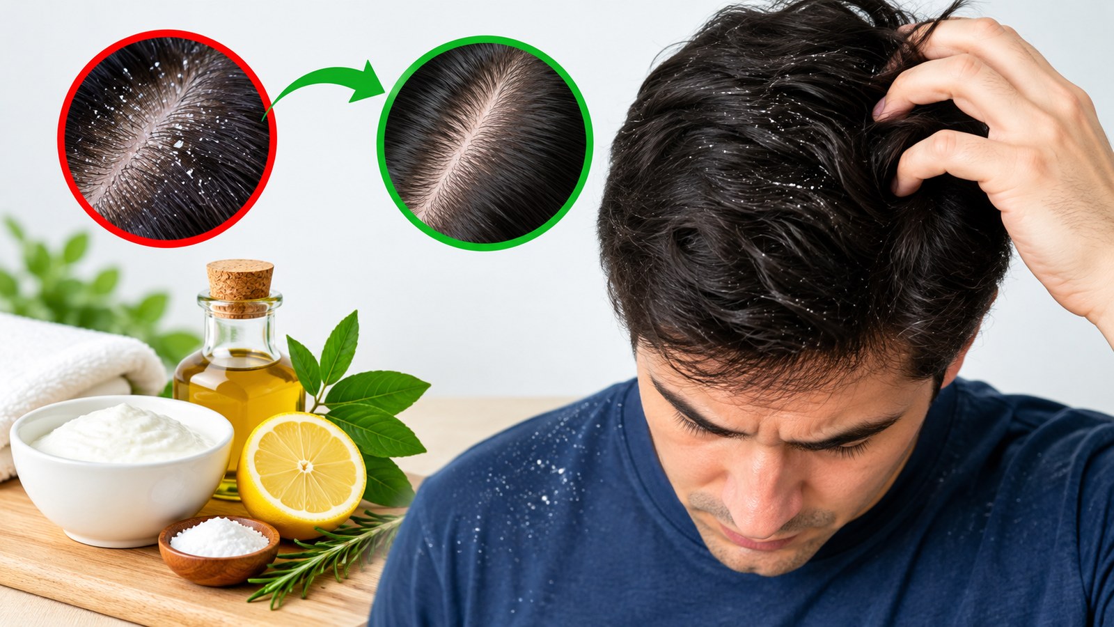 Person checking scalp for dandruff flakes in the mirror