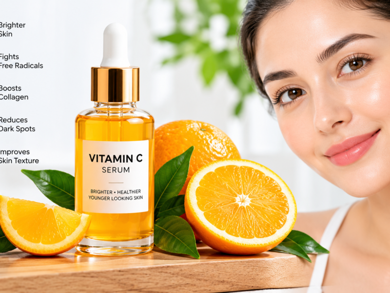 Vitamin C serum in a dark dropper bottle for brighter skin