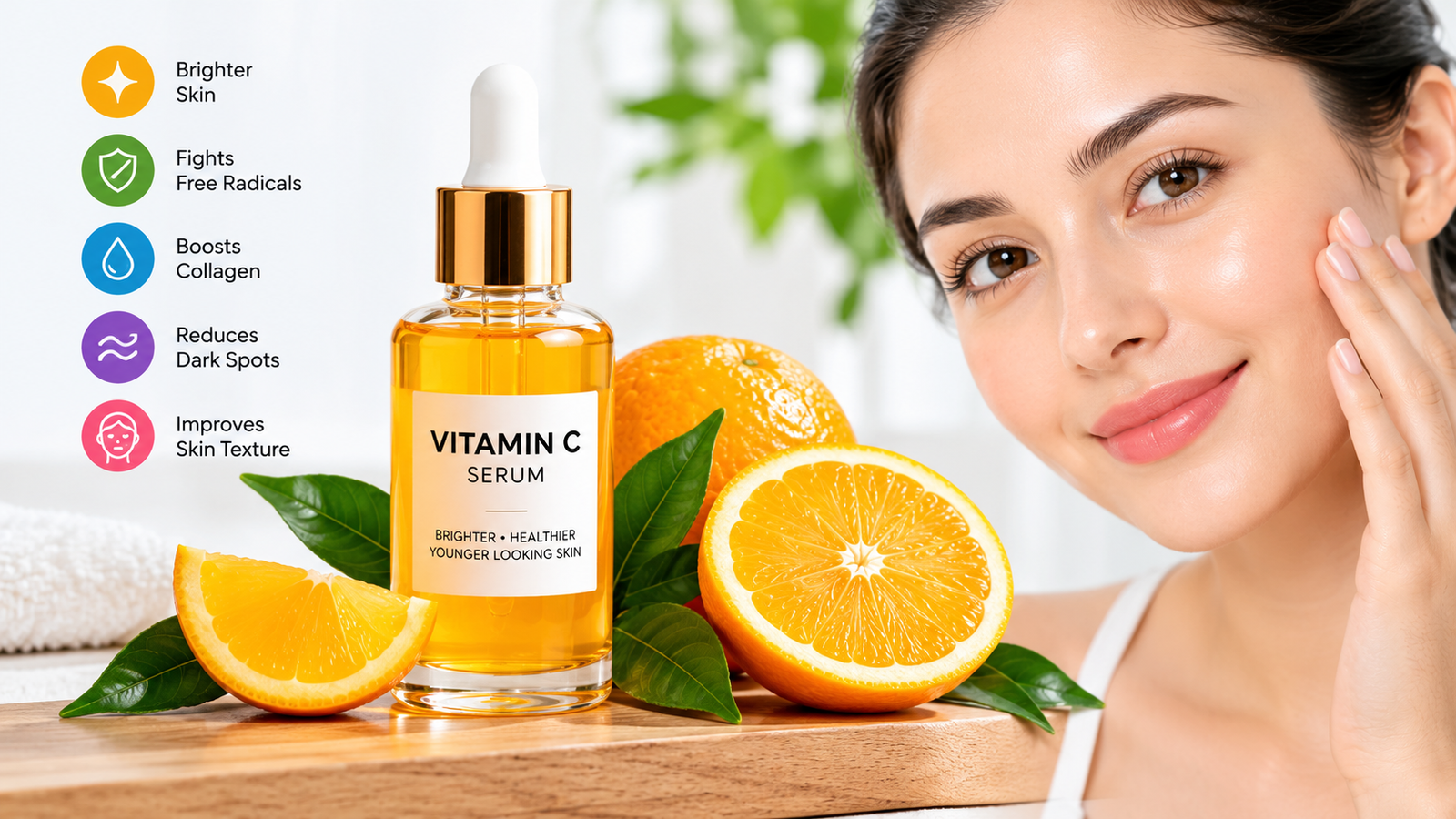Vitamin C serum in a dark dropper bottle for brighter skin